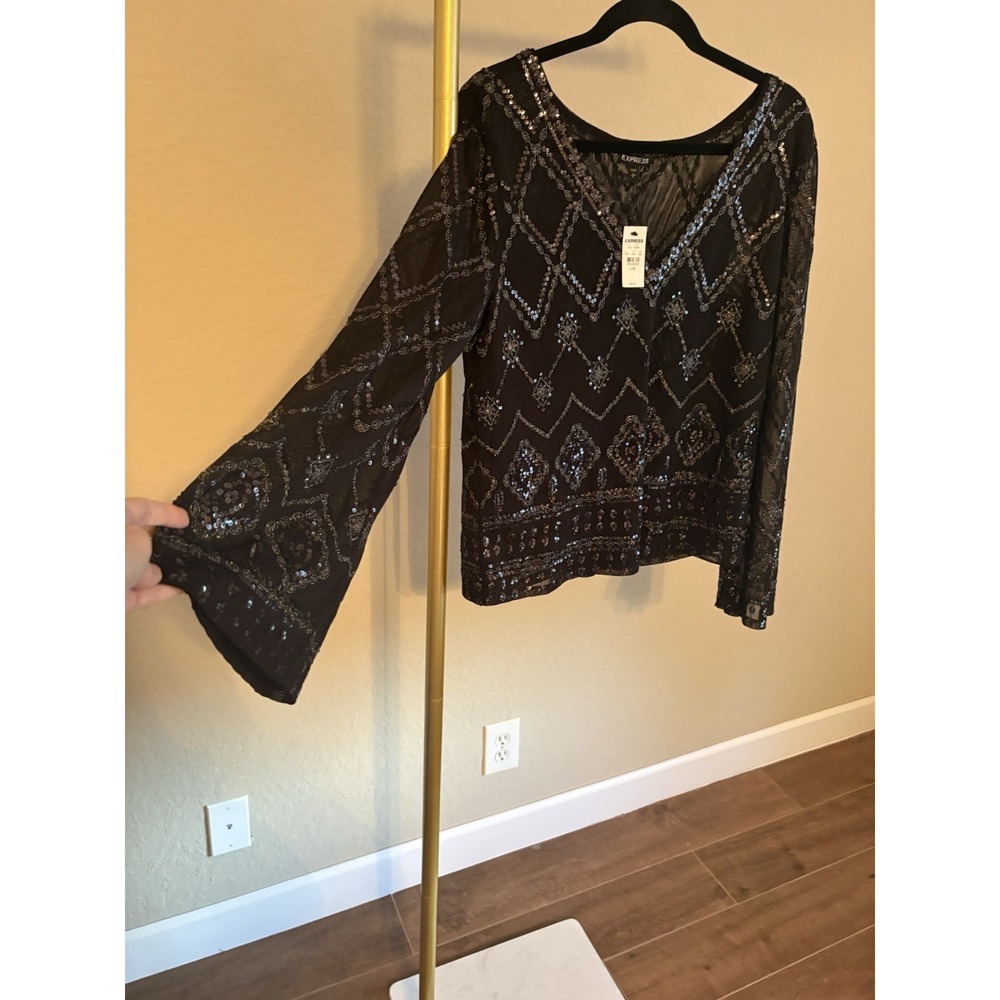 Express Women's Sequin Flare Sleeve Top NWT Size L Holiday Event Glam Going Out